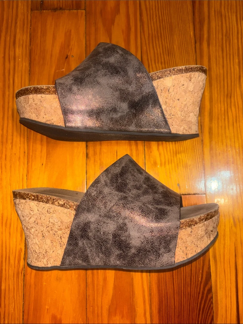 Volatile Metallic Bronze/ Brown Distressed Cork Wedge Platform Sandals